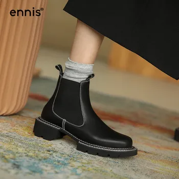 ENNIS Platforma Chelsea Cizme Negre din Piele Glezna Cizme pentru Femei Pantofi Martins din Piele Toamna Iarna Ghete Marime Mare A0132
