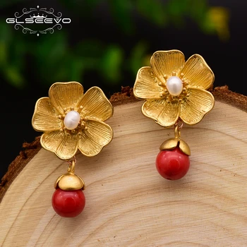 GLSEEVO Handmade Naturale Piatra Roșie Legăna Cercei Pentru Femeile de Apă dulce Pearl Cercei Handade Floare Bijuterii Vintage GE0041