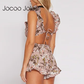Jocoo Jolee Florale Sprint Femei Salopete de Vara Boem Stil Sexy Backless Femei Combinezoni V-Gât cu Volane 2018 Nou Venit