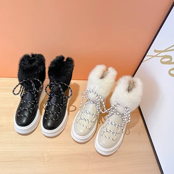 Păstrați Cald Lungi pentru Femei de Iarnă Cizme Glezna Real blana de iepure Casual Platforma de Zăpadă Cizme de Blana Eco-legat Bază Pantofi Femei cu Toc Înalt