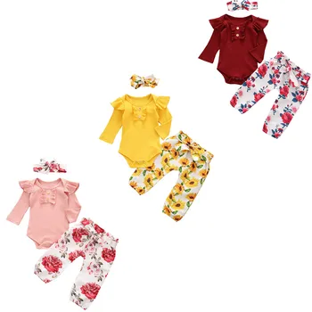 0-24M Nou-născut Tinuta Fata cu Maneci Lungi Vladan+Fete Baby Print Floral Pantaloni+Nou-născut Bentita Copii 3-piece Set