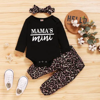 (0M-18M) Baby Maneca Lunga Scrisoare de Imprimare dintr-O Bucata Romper + Leopard Print Pantaloni + Headband Set mamei mini Scrisoare de Imprimare ropa S4