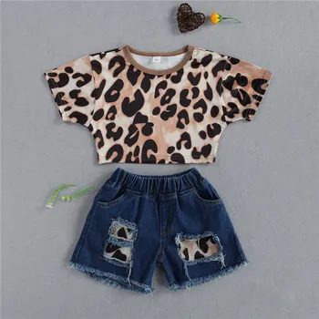 1-5ani Moda Copii Fete Costume Casual Leopard Print cu Maneci Scurte T-shirt Culturilor Topuri+Rupt Gaura Denim pantaloni Scurți, Treninguri