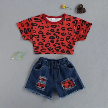 1-5ani Moda Copii Fete Costume Casual Leopard Print cu Maneci Scurte T-shirt Culturilor Topuri+Rupt Gaura Denim pantaloni Scurți, Treninguri