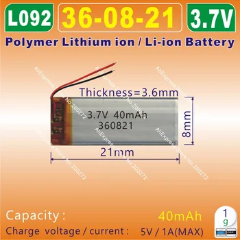 10buc [L092] 3.7 V,40mAH,[360821] PLIB;polimer litiu-ion / Li-ion baterie pentru camera foto,bluetooth, căști,boxe,mp3, GPS,mp4,