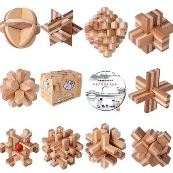 10BUC/MULȚIME de Bambus Cu CD Jucării Clasice IQ-ul 3D din Lemn de Centralizare Burr Puzzle-uri Mintea Teaser Creier Joc Jucărie pentru Adulți Copii