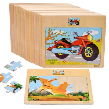 12 bucăți de pentru copii puzzle jucării, animale și vehicule din Lemn Jigsaw Puzzle-uri pentru copii de învățare educație jucarii si cadouri