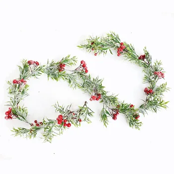 120CM Decor de Crăciun Zăpadă Artificială Ramuri de Pin și Fructe Roșii Rattan Coroană de Crăciun Petrecere Acasă Decor de Flori False