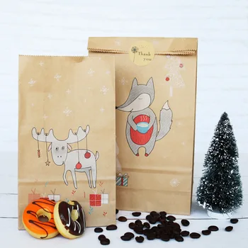 12pcs Crăciun Pungă de Hârtie Kraft Fox Elan Fulg de nea Cadou Pungă de Hârtie Autocolante de Crăciun Bomboane Drajeuri Alimente Cookie-uri de Ambalare Pungi de Hârtie
