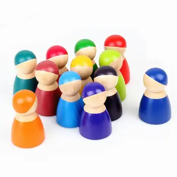 12PCS Montessori Set De 12 Curcubeu Prieteni Peg Păpuși de Lemn Pretinde Joc de Oameni Cifre Jucărie pentru Copii de Siguranță a Mediului de Vopsea