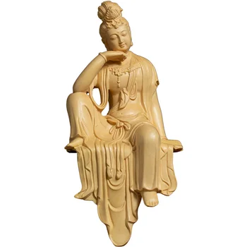 13cm Bodhisattva Guanyin Cimișir Sculptură Buddha Statuie Decor Acasă Artizanat din Lemn Masiv, Sculptura Accesorii