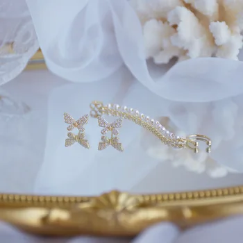 14k Aur veritabil Moda Bijuterii Fluture Cristal Lanț Lung Pearl Cercei Rafinat pentru Femeie Petrecere de Vacanță Elegant Cercel