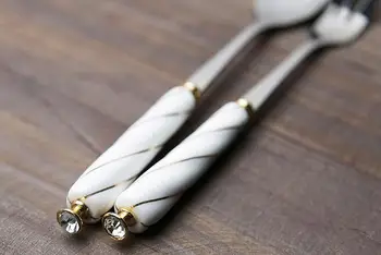 15cm fir de aur încrustat cu diamante ceramica mâner Lingură și furculiță amestecand lingura de cafea tort lingura furculita tacâmuri din oțel inoxidabil