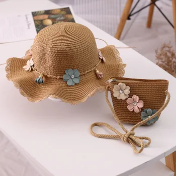 2 BUC de Flori de Vară, Pălării de Paie Cu Saci Pentru Fete Pălării de Soare pentru copii Plajă, Pălării Panama Parasolar Pălărie os