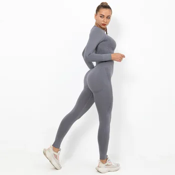 2 buc fără Sudură Femei Yoga Set de Înaltă Talie Jambiere, Dresuri Maneca Lunga Topuri de Cultură Trening Femei Gymwear Fitness Sport