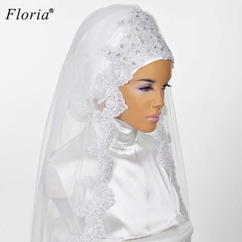 2 Modele Alb/Fildeș Voaluri De Nunta Musulman Dantelă De Nunta Accesorii Cristale Lungi Voaluri De Mireasă Voile Mariage