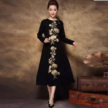 2017 Toamna femei Vintage broderii florale tricotate rochie lunga de vârstă mijlocie doamnelor elegante rochie plus dimensiune casual vestidos L-XXXXL