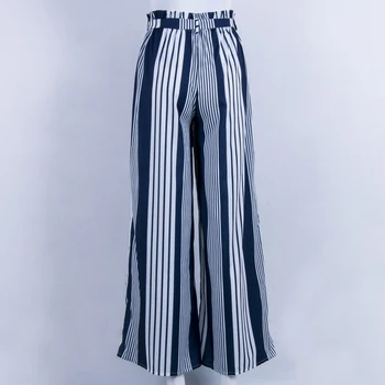 2018 Moda De Vara Largi Picior Pantaloni Femei Talie Mare Albastru Cu Dungi Loose Palazzo Pantaloni Office-Eleganta Doamnelor Pantaloni