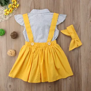 2018 Nou Brand de Moda de Vară Copil Minunat de Fete pentru Copii Haine Seturi 3PCS Arc Dot Imprimare Tricouri Salopete Fusta+Bentita Utilaje