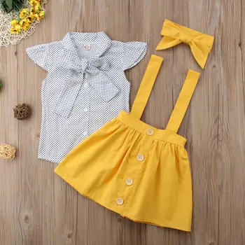 2018 Nou Brand de Moda de Vară Copil Minunat de Fete pentru Copii Haine Seturi 3PCS Arc Dot Imprimare Tricouri Salopete Fusta+Bentita Utilaje