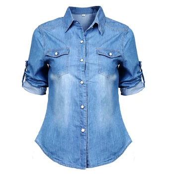 2018 Noua Moda Retro Femei Casual Albastru Jean Moale Denim Camasa cu Maneca Lunga Bluze Bluza Buzunare Buton de Tricouri