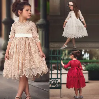 2019 Brand Nou Printesa Copil Copii Copii Fete Formale Partid Rochie de Dantelă Bowknot Florale Rochie Cu Eșarfe Fete Rochii Solide 2-7Y