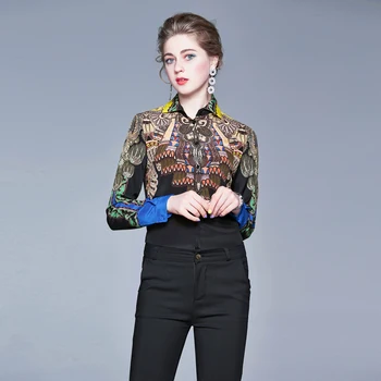2019 Designer De Moda Pistei Bluze Femei Bluze Cu Maneca Lunga Tricou Vintage Imprimate Bluza Femei Topuri Si Bluze Camisa Feminina