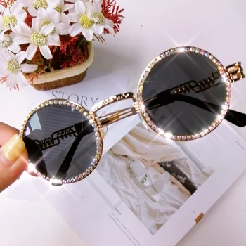 2019 Epocă Diamant Rotund ochelari de Soare pentru Femei Brand de Lux Steampunk Negru Rosu Obiectiv Clar Stras Ochelari de soare UV400 Gafas de sol