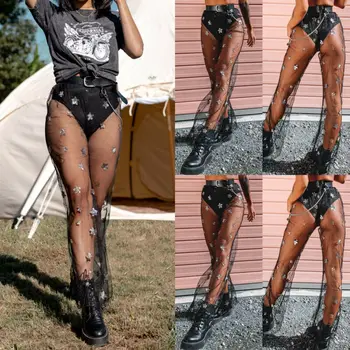 2019 Femei De Moda Stele Imprimate Sparky Lungi Evazate Pantaloni Bikini Acoperă-Up-Uri De Pantaloni Ochiurilor De Plasă Pur Vedea Prin Pantaloni Beachwear