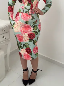 2019 femei modelului mâneci florale imprimare centura zip rochie de vara , cu maneca lunga print geanta hip rochie haine de sex feminin vestidos de verano