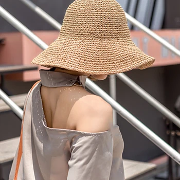 2019 Feminin Manual de soare pălărie Găleată cu capac margine Largă Pliabil Pălării de Paie pentru Femei de Vară anti-uv plaja mare pălării pentru Femei