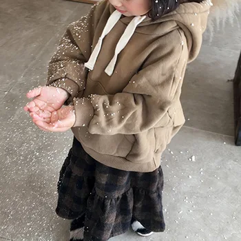 2019 iarna haine pentru copii nou cu glugă de culoare solidă buzunar frontal lână pulover fete topuri