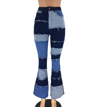 2019 Iarnă Talie Mare Flare Jeans Femei Slim Vintage Îmbinat Denim Pantaloni Casual Cu Franjuri, Pantaloni De Culoare Gradient De Blugi Largi Picior