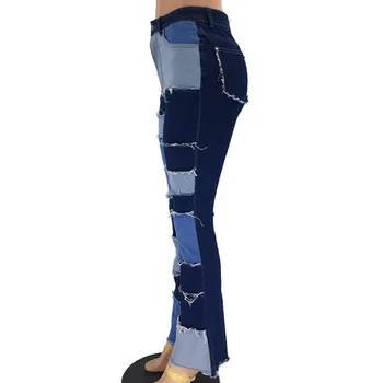 2019 Iarnă Talie Mare Flare Jeans Femei Slim Vintage Îmbinat Denim Pantaloni Casual Cu Franjuri, Pantaloni De Culoare Gradient De Blugi Largi Picior