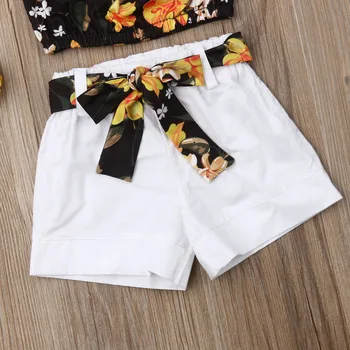 2019 Moda de Vara Copii Fete pentru Copii Haine Florale T-Shirt+Arc pantaloni Scurți 2 buc Fata de Copil Culturilor Topuri pantaloni Scurți Albi de Bumbac Utilaje 1-6Y