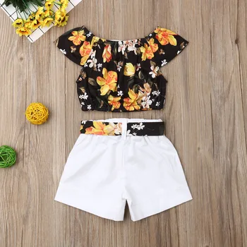 2019 Moda de Vara Copii Fete pentru Copii Haine Florale T-Shirt+Arc pantaloni Scurți 2 buc Fata de Copil Culturilor Topuri pantaloni Scurți Albi de Bumbac Utilaje 1-6Y