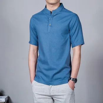 2019 Noi Barbati Stand Guler tricou Chinezesc Stil Culoare Solidă Maneca Scurta tricou Topuri In Lenjerie Camasi Plus Dimensiune 5XL