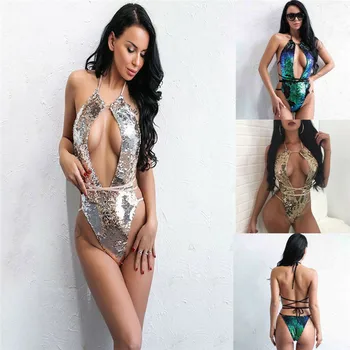 2019 Noi de Vara Femei Sexy-O bucată de Push-Up Stralucitor Bandaj de costume de Baie de Aur Sequin Lace Up Monokini Costum de Baie Bikini Beachwear