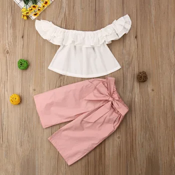 2019 Noi de Vara pentru Sugari Copii Fete Copii 2 BUC Seturi Pe Umăr Maneca Scurta Alb T-Shirt, Blaturi+Arc Pantaloni Roz