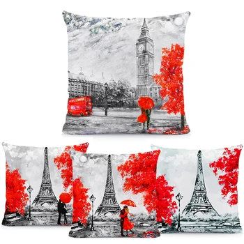 2019 Nou Față De Pernă Lenjerie De Pernă Acoperă Black & Red Paris Turnul Eiffel Cuplu Modern, Stil Decorative, Fete De Perna