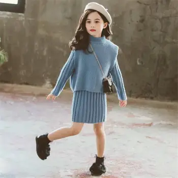 2019 Nou Toamna Iarna Copii Fete Faux Blană de Nurcă coreean Costum Copii Fete Vestă Îmbrăcăminte exterioară + Fusta Tricotate Seturi de 2 buc NO11