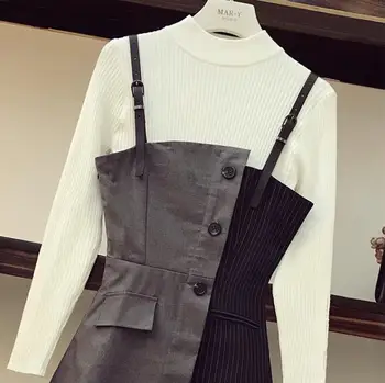 2019 Noua Moda de Toamna pentru Femei cu Maneca Lunga din Tricot Alb Topuri + Suspensor Dungi Patchwork Rochie Doamnelor Set 2 Bucati