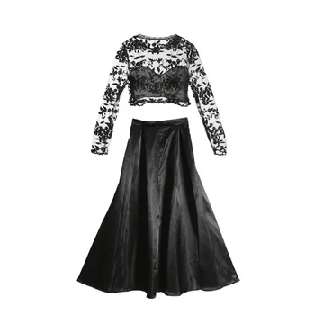 2019 noua moda Femei cu Maneci Lungi negru dantelă de top culturilor fuste seturi Cocktail elegant doamnelor Rochie de Bal Formale Bal fuste lungi set