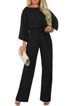 2019 Nouă Femei De Moda Elegant De Înaltă Talie Dantelă-Up Salopeta Romper 3/4 Sleeve Solid Petrecere De Seara Mingea Largi Picior Costum
