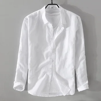 2019 Oameni noi și lenjerie de bumbac cu mâneci lungi tricou alb, camasa casual barbati de brand de moda solid tricouri barbati topuri camisa combinezon 4XL