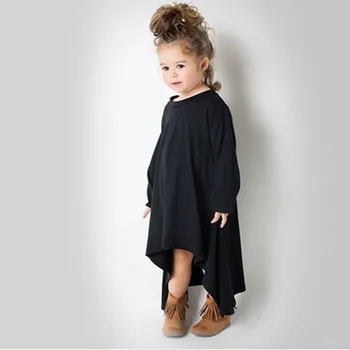 2019 Primăvara Și Toamna Fete Dress Negru Și Gri Neregulate Tiv rochii pentru Copii Solidă Mâneci Lungi Rochie Pentru Copii
