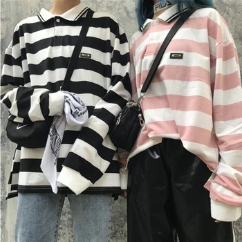2019 Primăvară Nouă ulzzang Harajuku bf polo tricou supradimensionat tricou top retro cu dungi loose maneca lunga t-shirt femei