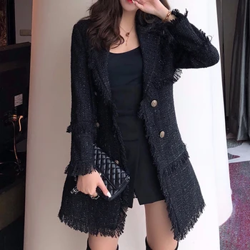 2019 Toamna Carouri Haina de Tweed de sex Feminin Maneca Lunga Singur Buton Mozaic Ciucure coreeană Plus Gros Femei Palton