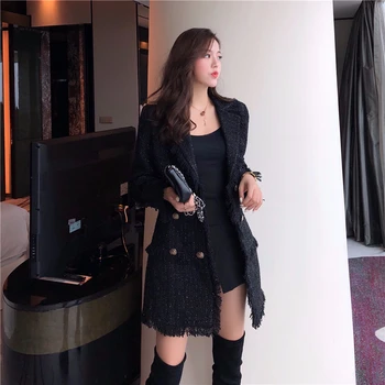 2019 Toamna Carouri Haina de Tweed de sex Feminin Maneca Lunga Singur Buton Mozaic Ciucure coreeană Plus Gros Femei Palton