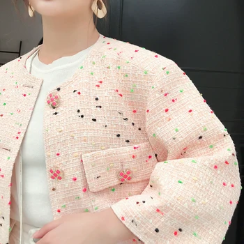 2019 toamna femei o-gât vrac plus dimensiune jachete tweed diamante butoane roz dulce buzunare puncte colorate tesut haine y406